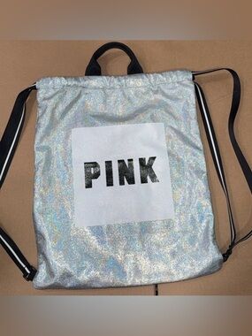 PINK Victoria's Secret Iridescent Drawstring Backpack with Black Logo
